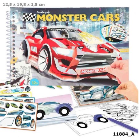 CUADERNO COLOREAR MONSTER CARS PEGATINAS