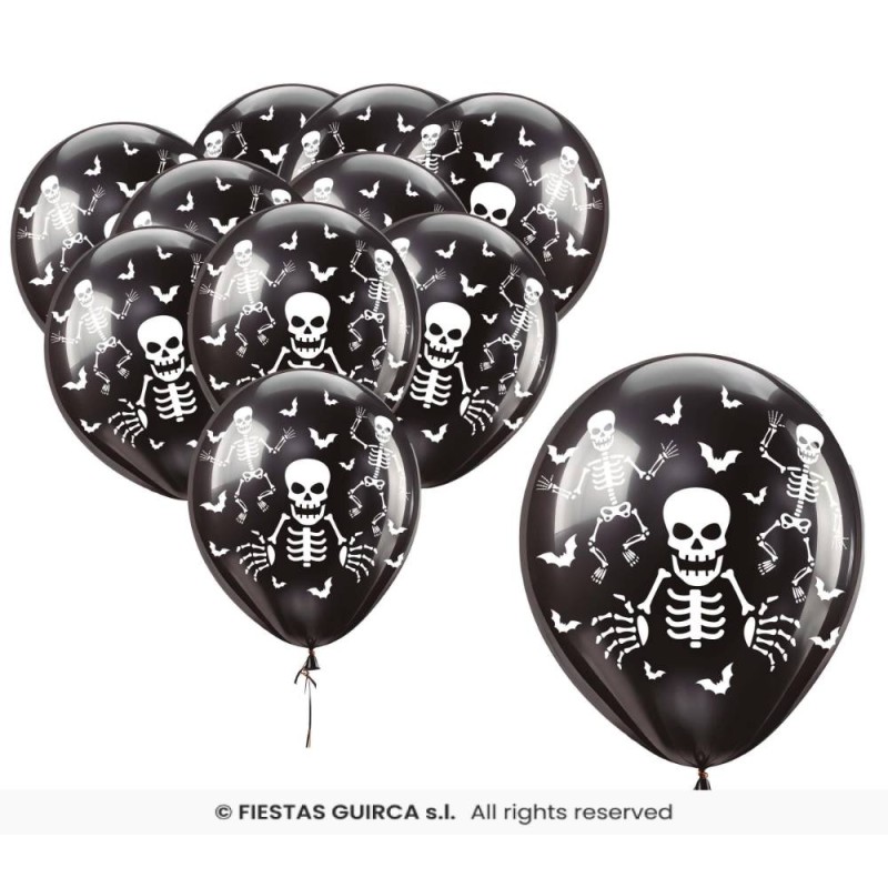 BOLSA 10 GLOBOS NEGROS ESQUELETOS 30 CMS