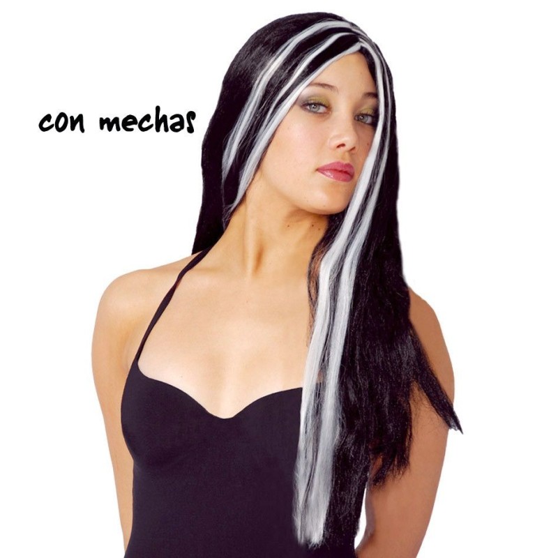 PELUCA MORENA LARGA MECHAS BLANCAS