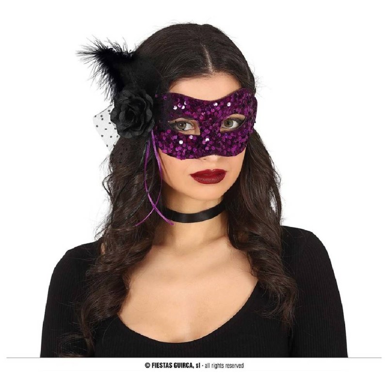 ANTIFAZ LENTEJUELAS NEGRO/LILA CON FLOR