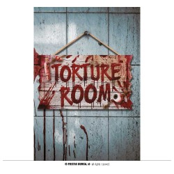 LETRERO `TORTURE ROOM`, 35X20 CMS. MADER 2