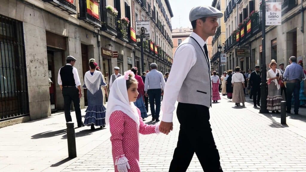 padre e hija vestidos de chulapo y chulapa en las fiestas de San Isidro